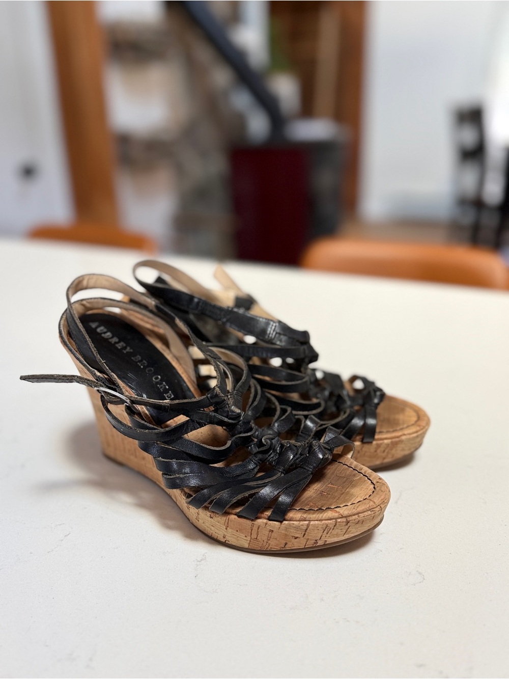 Audrey Brooke Black Strappy Cork Wedge Sandals with Knot Detail